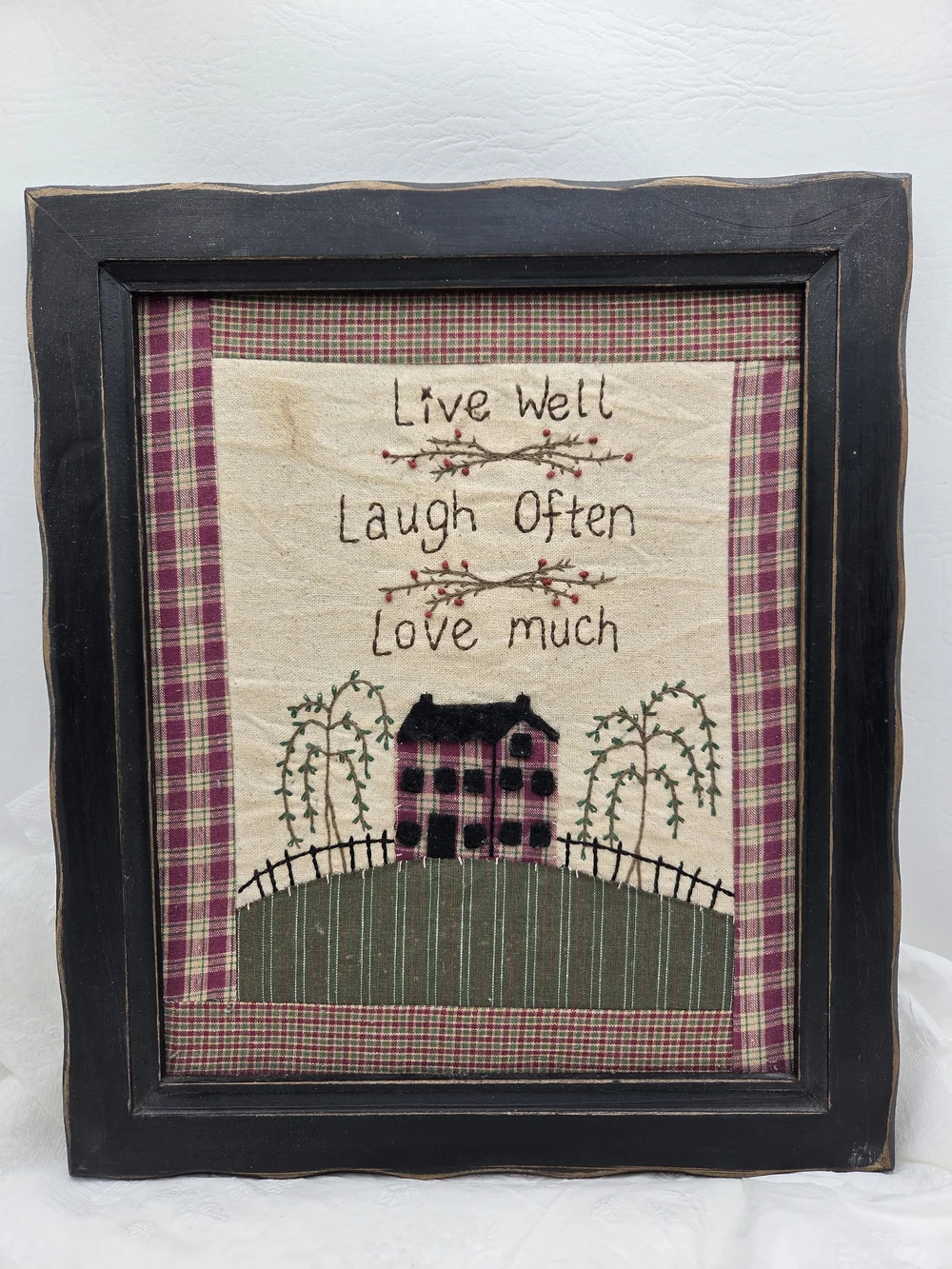 Primitive Style Framed Quilt Block Stitched Saltbox House Willow Tree Checkered.